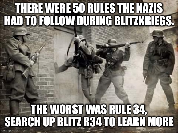 :3 | THERE WERE 50 RULES THE NAZIS HAD TO FOLLOW DURING BLITZKRIEGS. THE WORST WAS RULE 34, SEARCH UP BLITZ R34 TO LEARN MORE | image tagged in blitzkrieg | made w/ Imgflip meme maker