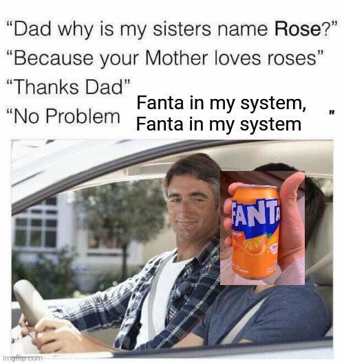This is so dumb lmao | Fanta in my system, Fanta in my system | image tagged in why is my sister's name rose,fanta | made w/ Imgflip meme maker