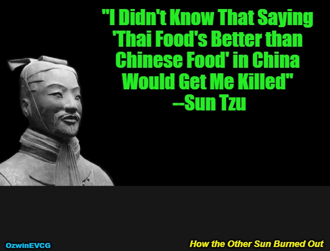 How the Other... | "I Didn't Know That Saying 

'Thai Food's Better than 

Chinese Food' in China 

Would Get Me Killed" 

--Sun Tzu; OzwinEVCG; How the Other Sun Burned Out | image tagged in sun tzu,ozwin theo,chinese food,thai food,asian persuasions,that was sudden | made w/ Imgflip meme maker