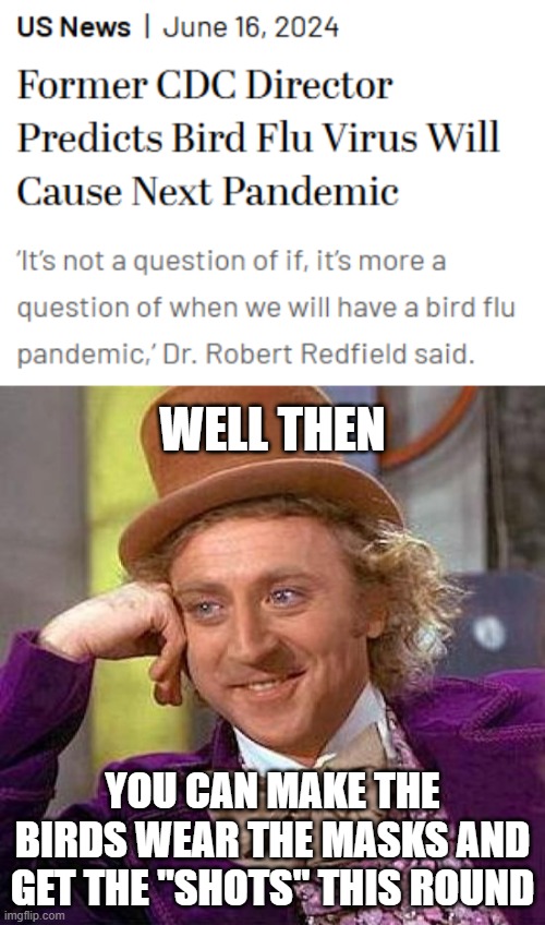 WELL THEN; YOU CAN MAKE THE BIRDS WEAR THE MASKS AND GET THE "SHOTS" THIS ROUND | image tagged in memes,creepy condescending wonka | made w/ Imgflip meme maker