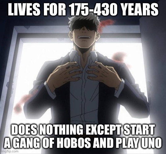 why he be doing this | LIVES FOR 175-430 YEARS; DOES NOTHING EXCEPT START A GANG OF HOBOS AND PLAY UNO | image tagged in all for one,my hero academia,memes,funny | made w/ Imgflip meme maker