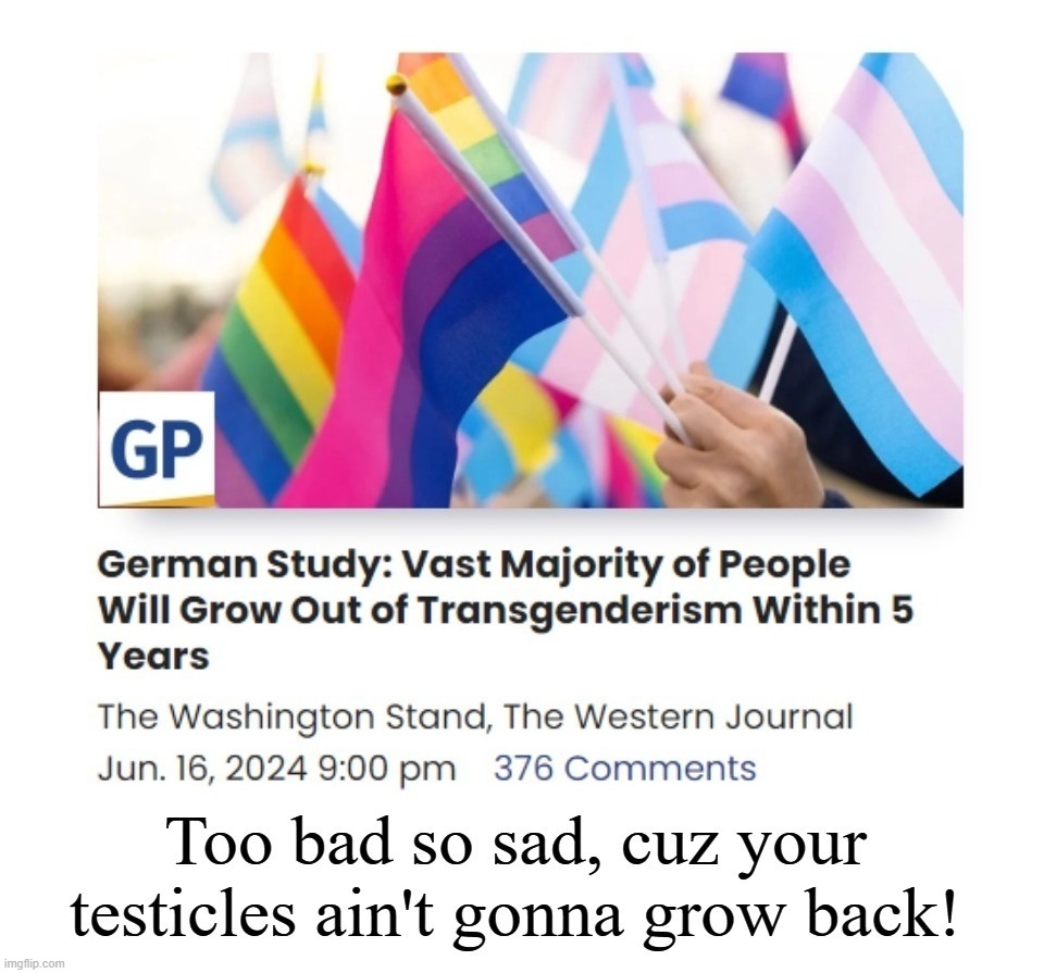 Too bad so sad, cuz your testicles ain't gonna grow back! | image tagged in transgenderism,testicles,bitches be like,karma's a bitch,bitch please,no bitches | made w/ Imgflip meme maker