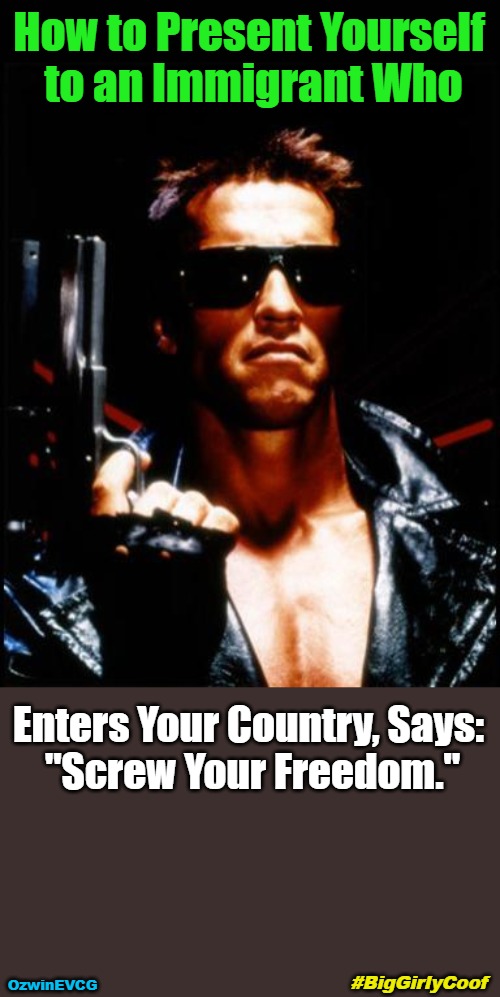 #BigGirlyCoof | How to Present Yourself 

to an Immigrant Who; Enters Your Country, Says: 

"Screw Your Freedom."; #BigGirlyCoof; OzwinEVCG | image tagged in terminator arnold schwarzenegger,big girly man,rights,liberties,covid-19,immigration reform | made w/ Imgflip meme maker