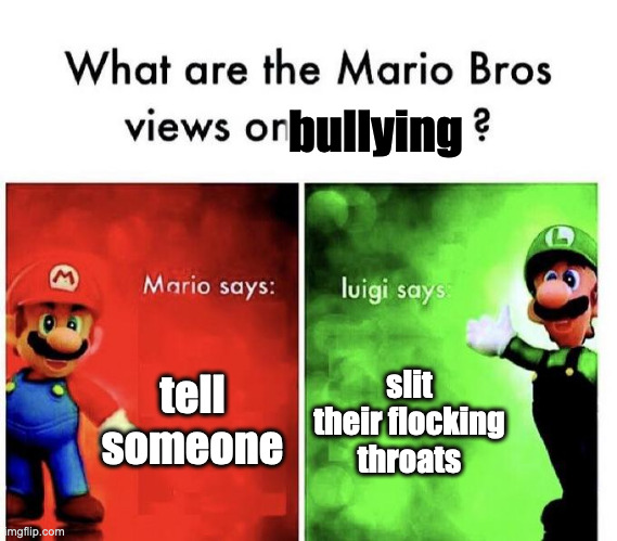 Mario Bros Views | bullying; tell someone; slit their flocking throats | image tagged in mario bros views,mario,bullying | made w/ Imgflip meme maker