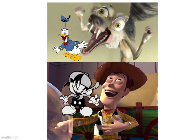 Boyfriend and woody laughing at donald duck and scrat scream | made w/ Imgflip meme maker