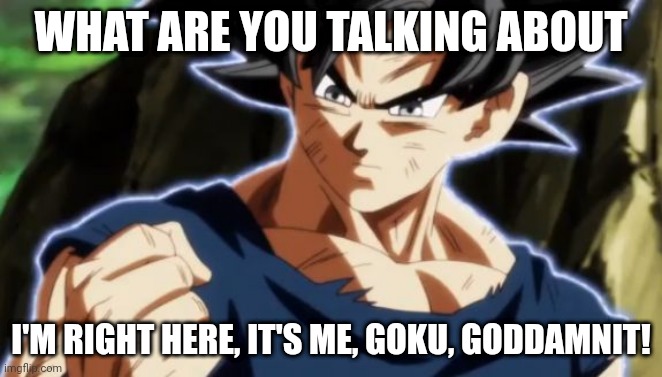 Ultra instinct goku | WHAT ARE YOU TALKING ABOUT I'M RIGHT HERE, IT'S ME, GOKU, GODDAMNIT! | image tagged in ultra instinct goku | made w/ Imgflip meme maker