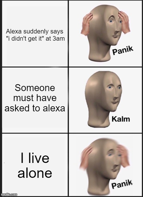 Oh F*ck | Alexa suddenly says
 "i didn't get it" at 3am; Someone must have asked to alexa; I live alone | image tagged in memes,panik kalm panik,alexa,3am | made w/ Imgflip meme maker