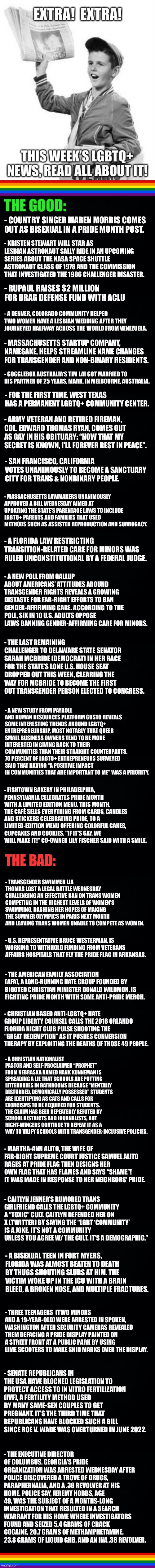 LGBTQ+ News (part one): June 9 - 15, 2024 | - COUNTRY SINGER MAREN MORRIS COMES OUT AS BISEXUAL IN A PRIDE MONTH POST. - KRISTEN STEWART WILL STAR AS LESBIAN ASTRONAUT SALLY RIDE IN AN UPCOMING SERIES ABOUT THE NASA SPACE SHUTTLE ASTRONAUT CLASS OF 1978 AND THE COMMISSION THAT INVESTIGATED THE 1986 CHALLENGER DISASTER. - RUPAUL RAISES $2 MILLION FOR DRAG DEFENSE FUND WITH ACLU; - A DENVER, COLORADO COMMUNITY HELPED TWO WOMEN HAVE A LESBIAN WEDDING AFTER THEY JOURNEYED HALFWAY ACROSS THE WORLD FROM VENEZUELA. - MASSACHUSETTS STARTUP COMPANY, NAMESAKE, HELPS STREAMLINE NAME CHANGES FOR TRANSGENDER AND NON-BINARY RESIDENTS. - GOGGLEBOX AUSTRALIA‘S TIM LAI GOT MARRIED TO HIS PARTNER OF 25 YEARS, MARK, IN MELBOURNE, AUSTRALIA. - FOR THE FIRST TIME, WEST TEXAS HAS A PERMANENT LGBTQ+ COMMUNITY CENTER. - ARMY VETERAN AND RETIRED FIREMAN, COL. EDWARD THOMAS RYAN, COMES OUT AS GAY IN HIS OBITUARY: “NOW THAT MY SECRET IS KNOWN, I'LL FOREVER REST IN PEACE”. - SAN FRANCISCO, CALIFORNIA VOTES UNANIMOUSLY TO BECOME A SANCTUARY CITY FOR TRANS & NONBINARY PEOPLE. - MASSACHUSETTS LAWMAKERS UNANIMOUSLY APPROVED A BILL WEDNESDAY AIMED AT UPDATING THE STATE’S PARENTAGE LAWS TO INCLUDE LGBTQ+ PARENTS AND FAMILIES THAT USED METHODS SUCH AS ASSISTED REPRODUCTION AND SURROGACY. - A FLORIDA LAW RESTRICTING TRANSITION-RELATED CARE FOR MINORS WAS RULED UNCONSTITUTIONAL BY A FEDERAL JUDGE. - A NEW POLL FROM GALLUP ABOUT AMERICANS’ ATTITUDES AROUND TRANSGENDER RIGHTS REVEALS A GROWING DISTASTE FOR FAR-RIGHT EFFORTS TO BAN GENDER-AFFIRMING CARE. ACCORDING TO THE POLL, SIX IN 10 U.S. ADULTS OPPOSE LAWS BANNING GENDER-AFFIRMING CARE FOR MINORS. - THE LAST REMAINING CHALLENGER TO DELAWARE STATE SENATOR SARAH MCBRIDE (DEMOCRAT) IN HER RACE FOR THE STATE’S LONE U.S. HOUSE SEAT DROPPED OUT THIS WEEK, CLEARING THE WAY FOR MCBRIDE TO BECOME THE FIRST OUT TRANSGENDER PERSON ELECTED TO CONGRESS. - A NEW STUDY FROM PAYROLL AND HUMAN RESOURCES PLATFORM GUSTO REVEALS SOME INTERESTING TRENDS AROUND LGBTQ+ ENTREPRENEURSHIP, MOST NOTABLY THAT QUEER SMALL BUSINESS OWNERS TEND TO BE MORE INTERESTED IN GIVING BACK TO THEIR COMMUNITIES THAN THEIR STRAIGHT COUNTERPARTS. 70 PERCENT OF LGBTQ+ ENTREPRENEURS SURVEYED SAID THAT HAVING “A POSITIVE IMPACT IN COMMUNITIES THAT ARE IMPORTANT TO ME” WAS A PRIORITY. - FISHTOWN BAKERY IN PHILADELPHIA, PENNSYLVANIA CELEBRATES PRIDE MONTH WITH A LIMITED EDITION MENU. THIS MONTH, THE CAFÉ SELLS EVERYTHING FROM CARDS, CANDLES AND STICKERS CELEBRATING PRIDE, TO A LIMITED-EDITION MENU OFFERING COLORFUL CAKES, CUPCAKES AND COOKIES. "IF IT'S GAY, WE WILL MAKE IT!" CO-OWNER LILY FISCHER SAID WITH A SMILE. THE BAD:; - TRANSGENDER SWIMMER LIA THOMAS LOST A LEGAL BATTLE WEDNESDAY CHALLENGING AN EFFECTIVE BAN ON TRANS WOMEN COMPETING IN THE HIGHEST LEVELS OF WOMEN'S SWIMMING, DASHING HER HOPES OF MAKING THE SUMMER OLYMPICS IN PARIS NEXT MONTH AND LEAVING TRANS WOMEN UNABLE TO COMPETE AS WOMEN. - U.S. REPRESENTATIVE BRUCE WESTERMAN, IS WORKING TO WITHHOLD FUNDING FROM VETERANS AFFAIRS HOSPITALS THAT FLY THE PRIDE FLAG IN ARKANSAS. - THE AMERICAN FAMILY ASSOCIATION (AFA), A LONG-RUNNING HATE GROUP FOUNDED BY BIGOTED CHRISTIAN MINISTER DONALD WILDMON, IS FIGHTING PRIDE MONTH WITH SOME ANTI-PRIDE MERCH. - CHRISTIAN BASED ANTI-LGBTQ+ HATE GROUP LIBERTY COUNSEL CALLS THE 2016 ORLANDO FLORIDA NIGHT CLUB PULSE SHOOTING THE “GREAT REDEMPTION” AS IT PUSHES CONVERSION THERAPY BY EXPLOITING THE DEATHS OF THOSE 49 PEOPLE. - A CHRISTIAN NATIONALIST PASTOR AND SELF-PROCLAIMED “PROPHET” FROM NEBRASKA NAMED HANK KUNNEMAN IS SPREADING A LIE THAT SCHOOLS ARE PUTTING LITTERBOXES IN BATHROOMS BECAUSE “MENTALLY DISTURBED, DEMONICALLY POSSESSED” STUDENTS ARE IDENTIFYING AS CATS AND CALLS FOR EXORCISMS TO BE REQUIRED FOR STUDENTS. THE CLAIM HAS BEEN REPEATEDLY REFUTED BY SCHOOL DISTRICTS AND JOURNALISTS, BUT RIGHT-WINGERS CONTINUE TO REPEAT IT AS A WAY TO VILIFY SCHOOLS WITH TRANSGENDER-INCLUSIVE POLICIES. - MARTHA-ANN ALITO, THE WIFE OF FAR-RIGHT SUPREME COURT JUSTICE SAMUEL ALITO RAGES AT PRIDE FLAG THEN DESIGNS HER OWN FLAG THAT HAS FLAMES AND SAYS “SHAME”! IT WAS MADE IN RESPONSE TO HER NEIGHBORS' PRIDE. - CAITLYN JENNER’S RUMORED TRANS GIRLFRIEND CALLS THE LGBTQ+ COMMUNITY A “TOXIC” CULT. CAITLYN DEFENDED HER ON X (TWITTER) BY SAYING THE “LGBT ‘COMMUNITY’ IS A JOKE. IT’S NOT A COMMUNITY UNLESS YOU AGREE W/ THE CULT. IT’S A DEMOGRAPHIC.”; - A BISEXUAL TEEN IN FORT MYERS, FLORIDA WAS ALMOST BEATEN TO DEATH BY THUGS SHOUTING SLURS AT HIM. THE VICTIM WOKE UP IN THE ICU WITH A BRAIN BLEED, A BROKEN NOSE, AND MULTIPLE FRACTURES. - THREE TEENAGERS  (TWO MINORS AND A 19-YEAR-OLD) WERE ARRESTED IN SPOKEN, WASHINGTON AFTER SECURITY CAMERAS REVEALED THEM DEFACING A PRIDE DISPLAY PAINTED ON A STREET FRONT AT A PUBLIC PARK BY USING LIME SCOOTERS TO MAKE SKID MARKS OVER THE DISPLAY. - SENATE REPUBLICANS IN THE USA HAVE BLOCKED LEGISLATION TO PROTECT ACCESS TO IN VITRO FERTILIZATION (IVF), A FERTILITY METHOD USED BY MANY SAME-SEX COUPLES TO GET PREGNANT. IT’S THE THIRD TIME THAT REPUBLICANS HAVE BLOCKED SUCH A BILL SINCE ROE V. WADE WAS OVERTURNED IN JUNE 2022. - THE EXECUTIVE DIRECTOR OF COLUMBUS, GEORGIA’S PRIDE ORGANIZATION WAS ARRESTED WEDNESDAY AFTER POLICE DISCOVERED A TROVE OF DRUGS, PARAPHERNALIA, AND A .38 REVOLVER AT HIS HOME. POLICE SAY, JEREMY HOBBS, AGE 49, WAS THE SUBJECT OF A MONTHS-LONG INVESTIGATION THAT RESULTED IN A SEARCH WARRANT FOR HIS HOME WHERE INVESTIGATORS FOUND AND SEIZED 5.4 GRAMS OF CRACK COCAINE, 20.7 GRAMS OF METHAMPHETAMINE, 23.8 GRAMS OF LIQUID GHB, AND AN INA .38 REVOLVER. | image tagged in bisexual,lesbian,transgender,drag,caitlyn jenner,rupaul | made w/ Imgflip meme maker