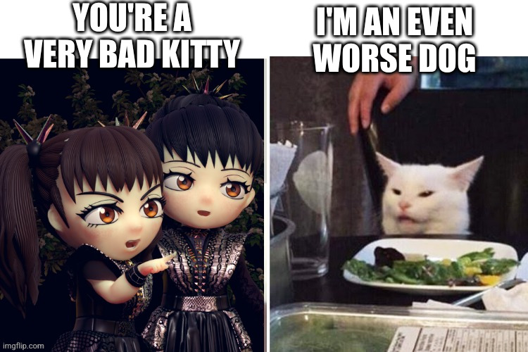 he's a better cat than you | YOU'RE A VERY BAD KITTY; I'M AN EVEN
WORSE DOG | image tagged in woman yelling at cat | made w/ Imgflip meme maker