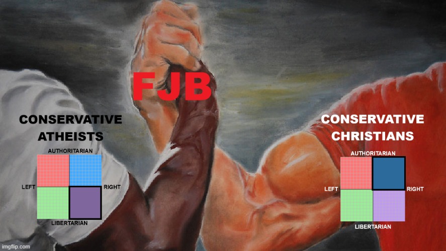 Atheists and Christians - FJB | image tagged in christian-atheist epic handshake,fjb | made w/ Imgflip meme maker