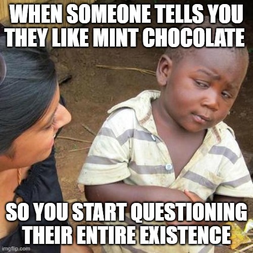 Third World Skeptical Kid | WHEN SOMEONE TELLS YOU THEY LIKE MINT CHOCOLATE; SO YOU START QUESTIONING THEIR ENTIRE EXISTENCE | image tagged in memes,third world skeptical kid | made w/ Imgflip meme maker