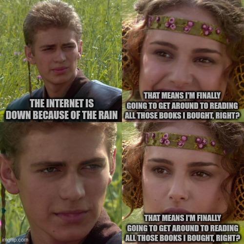 Every time. Damn you cell service!! | THAT MEANS I'M FINALLY GOING TO GET AROUND TO READING ALL THOSE BOOKS I BOUGHT, RIGHT? THE INTERNET IS DOWN BECAUSE OF THE RAIN; THAT MEANS I'M FINALLY GOING TO GET AROUND TO READING ALL THOSE BOOKS I BOUGHT, RIGHT? | image tagged in anakin padme 4 panel | made w/ Imgflip meme maker