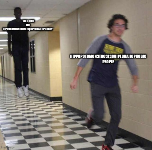 floating boy chasing running boy | "FREE CURE FOR HIPPOTOMONSTROSESQUIPPEDAILOPHOBIA"; HIPPOPOTOMONSTROSESQUIPEDDAILOPHOBIC PEOPLE | image tagged in floating boy chasing running boy | made w/ Imgflip meme maker