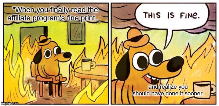 Affiliate Mistakes | "When you finally read the affiliate program's fine print... and realize you should have done it sooner. | image tagged in memes,this is fine | made w/ Imgflip meme maker