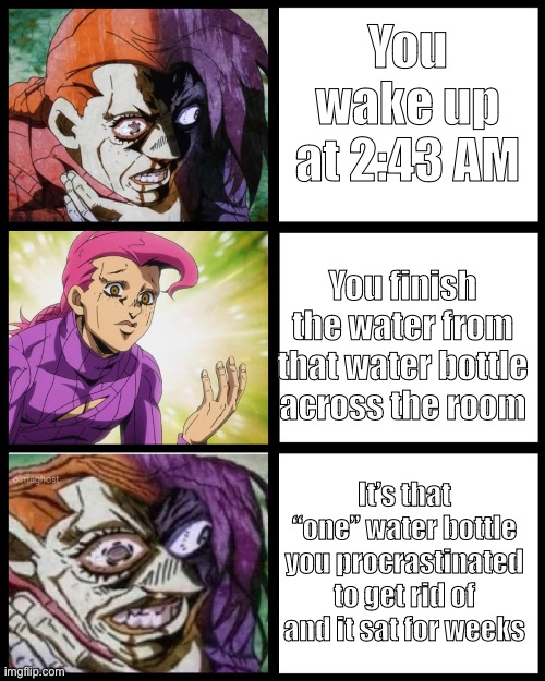 Everything. Freaking. Time. | You wake up at 2:43 AM; You finish the water from that water bottle across the room; It’s that “one” water bottle you procrastinated to get rid of and it sat for weeks | image tagged in jojo doppio,jojo's bizarre adventure | made w/ Imgflip meme maker