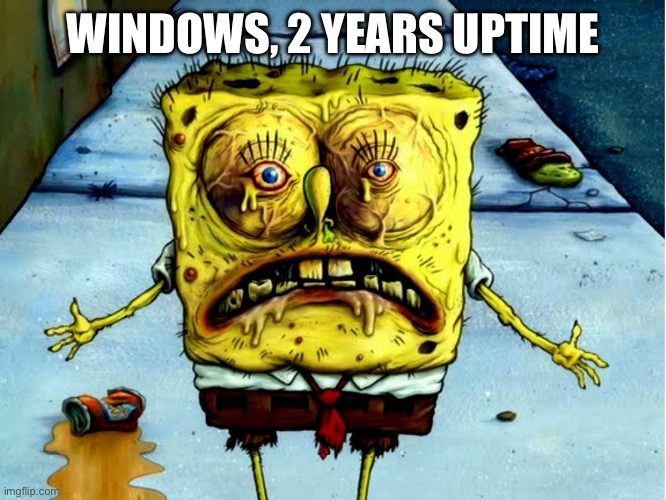 Ugly Spongebob | WINDOWS, 2 YEARS UPTIME | image tagged in ugly spongebob | made w/ Imgflip meme maker