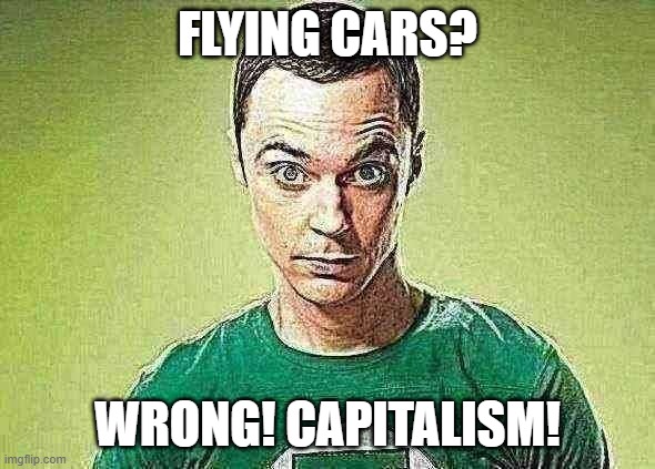 Sheldon Cooper | FLYING CARS? WRONG! CAPITALISM! | image tagged in sheldon cooper | made w/ Imgflip meme maker