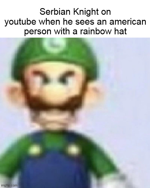 angry luigi | Serbian Knight on youtube when he sees an american person with a rainbow hat | image tagged in angry luigi | made w/ Imgflip meme maker