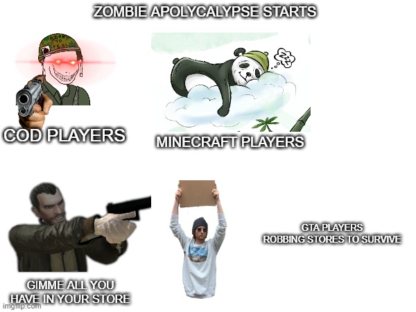 zombie apolycalypse | ZOMBIE APOLYCALYPSE STARTS; COD PLAYERS; MINECRAFT PLAYERS; GTA PLAYERS ROBBING STORES TO SURVIVE; GIMME ALL YOU HAVE IN YOUR STORE | image tagged in gta,gta 5 | made w/ Imgflip meme maker