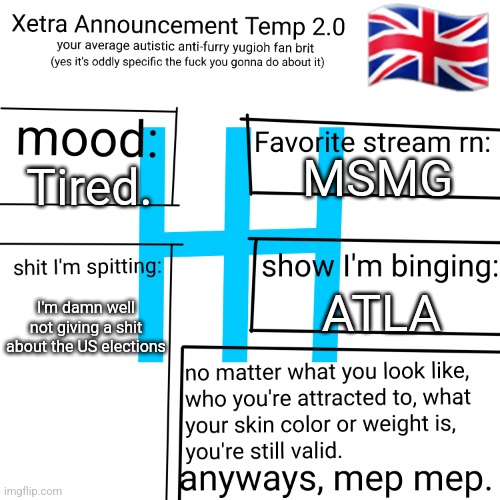 MSMG; Tired. ATLA; I'm damn well not giving a shit about the US elections | image tagged in xetra at 2 | made w/ Imgflip meme maker