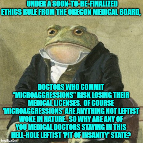 As long as you stay out of about three totally insane states, you can practice anywhere. | UNDER A SOON-TO-BE-FINALIZED ETHICS RULE FROM THE OREGON MEDICAL BOARD, DOCTORS WHO COMMIT “MICROAGGRESSIONS” RISK LOSING THEIR MEDICAL LICENSES.  OF COURSE 'MICROAGGRESSIONS' ARE ANYTHING NOT LEFTIST WOKE IN NATURE.  SO WHY ARE ANY OF YOU MEDICAL DOCTORS STAYING IN THIS HELL-HOLE LEFTIST 'PIT OF INSANITY' STATE? | image tagged in gentlemen it is with great pleasure to inform you that | made w/ Imgflip meme maker