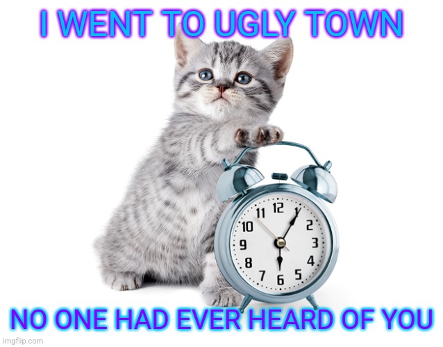 Kitty with alarm clock | I WENT TO UGLY TOWN; NO ONE HAD EVER HEARD OF YOU | image tagged in kitty with alarm clock | made w/ Imgflip meme maker
