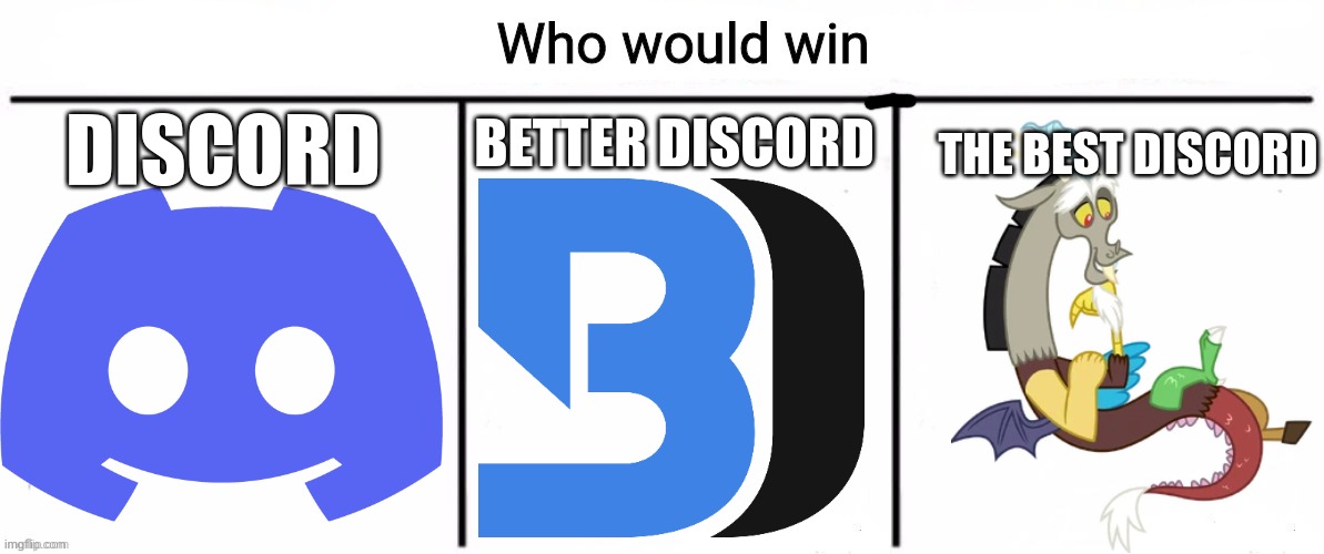 Discord Vs Discord Vs Discord | BETTER DISCORD; THE BEST DISCORD; DISCORD | image tagged in 3x who would win,discord,memes | made w/ Imgflip meme maker