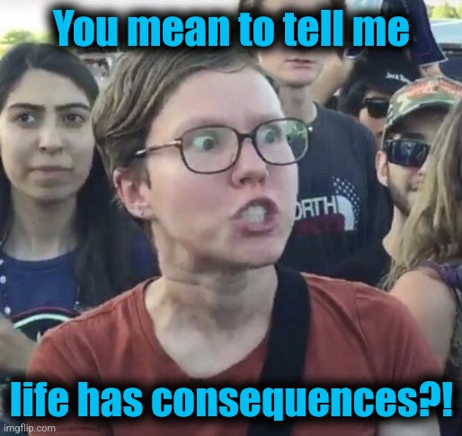 Triggered feminist | You mean to tell me life has consequences?! | image tagged in triggered feminist | made w/ Imgflip meme maker