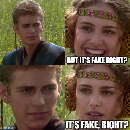 Anakin Padme 4 Panel | BUT IT'S FAKE RIGHT? IT'S FAKE, RIGHT? | image tagged in anakin padme 4 panel | made w/ Imgflip meme maker