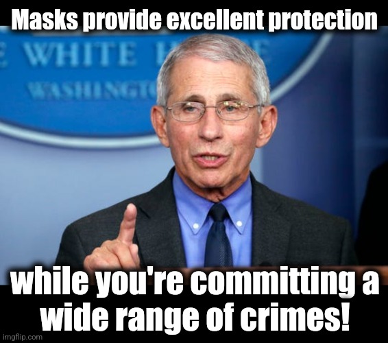 Yes, democrats are wrecking the country.  But they're good at it! | Masks provide excellent protection; while you're committing a
wide range of crimes! | image tagged in dr fauci,masks,crime,democrats,joe biden,memes | made w/ Imgflip meme maker