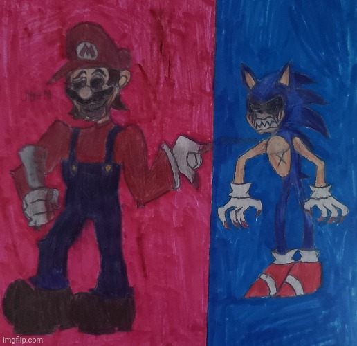 Rivalry of the century! | image tagged in mario's madness,hazbin hotel,sonic exe,rivalry,drawing | made w/ Imgflip meme maker
