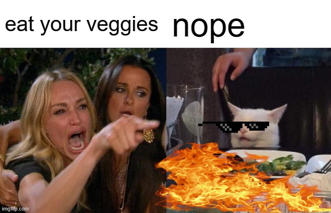 Woman Yelling At Cat Meme | eat your veggies; nope | image tagged in memes,woman yelling at cat | made w/ Imgflip meme maker