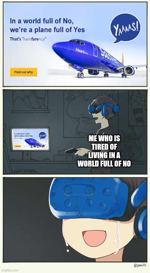 If only the world were more like Southwest Airlines | ME WHO IS TIRED OF LIVING IN A WORLD FULL OF NO | image tagged in southwest airlines,reality is often dissapointing,vr,virtual reality,disappointment,fantasy | made w/ Imgflip meme maker