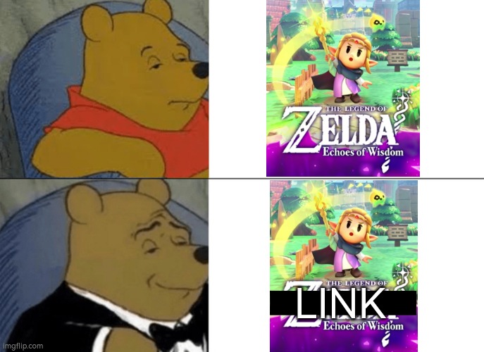 We can finally play Zelda as Protagonist in this new game! | LINK | image tagged in memes,tuxedo winnie the pooh,funny,link,zelda | made w/ Imgflip meme maker