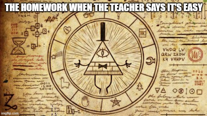 HOMEWORK AM I RIGHT OR AM I RIGHT | THE HOMEWORK WHEN THE TEACHER SAYS IT'S EASY | image tagged in bill from gravity falls | made w/ Imgflip meme maker