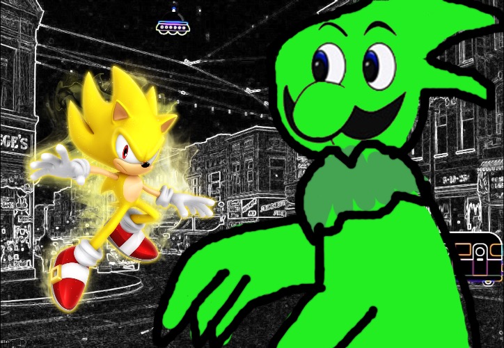 Super Sonic vs. The Green Furry Demon Weegee | image tagged in city street clipart,weegee,sonic the hedgehog,crossover | made w/ Imgflip meme maker