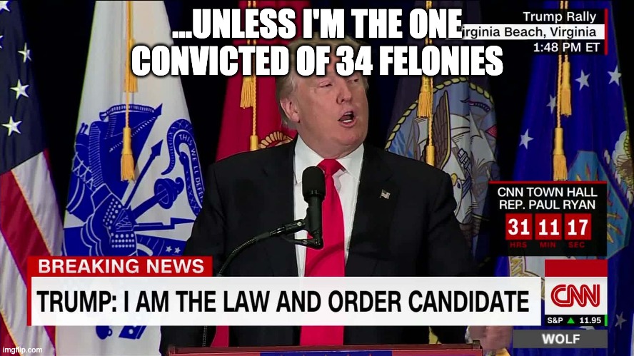 convicted felon | ...UNLESS I'M THE ONE CONVICTED OF 34 FELONIES | image tagged in president trump | made w/ Imgflip meme maker