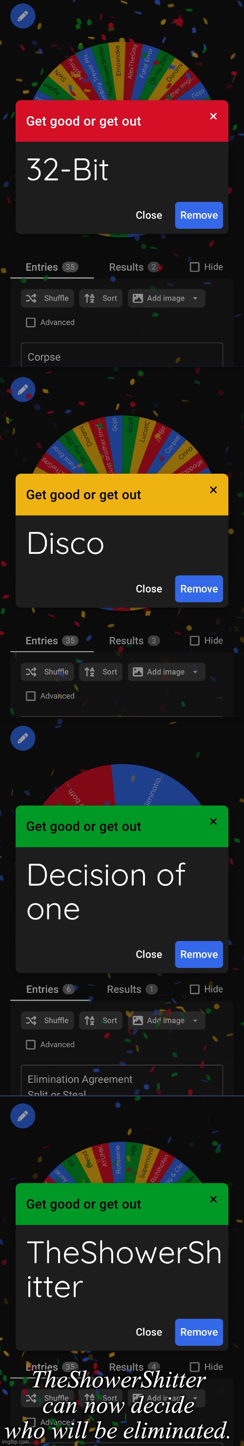 Lollipop is still deciding, the rounds are going simultaneously | TheShowerShitter can now decide who will be eliminated. | made w/ Imgflip meme maker