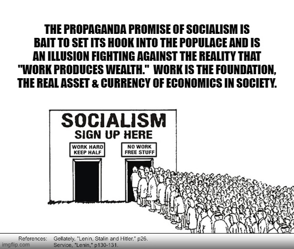 THE PROPAGANDA PROMISE OF SOCIALISM IS BAIT TO SET ITS HOOK INTO THE POPULACE AND IS AN ILLUSION FIGHTING AGAINST THE REALITY THAT "WORK PRODUCES WEALTH."  WORK IS THE FOUNDATION, THE REAL ASSET & CURRENCY OF ECONOMICS IN SOCIETY. | made w/ Imgflip meme maker