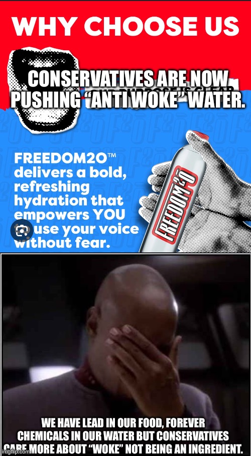On a scale of one to even…I just can’t.. | CONSERVATIVES ARE NOW PUSHING “ANTI WOKE” WATER. WE HAVE LEAD IN OUR FOOD, FOREVER CHEMICALS IN OUR WATER BUT CONSERVATIVES CARE MORE ABOUT “WOKE” NOT BEING AN INGREDIENT. | image tagged in sisko facepalm,idiocracy,star trek deep space nine,woke,i'm surrounded by idiots | made w/ Imgflip meme maker