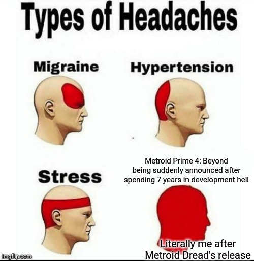 Types of Headaches meme | Metroid Prime 4: Beyond being suddenly announced after spending 7 years in development hell; Literally me after Metroid Dread's release | image tagged in types of headaches meme,metroid,development | made w/ Imgflip meme maker