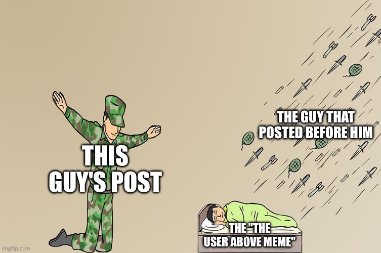 Soldier not protecting child | THIS GUY'S POST THE GUY THAT POSTED BEFORE HIM THE "THE USER ABOVE MEME" | image tagged in soldier not protecting child | made w/ Imgflip meme maker