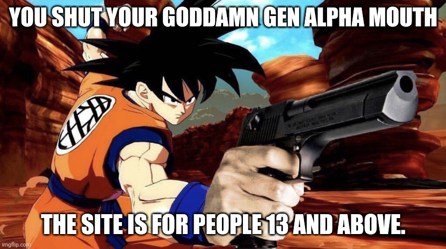 Goku with a gun | YOU SHUT YOUR GODDAMN GEN ALPHA MOUTH THE SITE IS FOR PEOPLE 13 AND ABOVE. | image tagged in goku with a gun | made w/ Imgflip meme maker