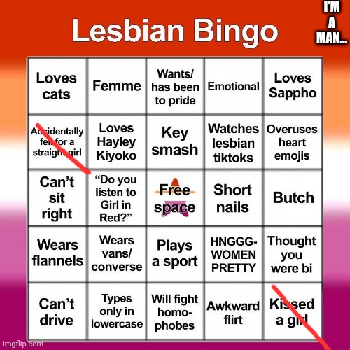 Lesbian bingo | I'M A MAN... | image tagged in lesbian bingo | made w/ Imgflip meme maker