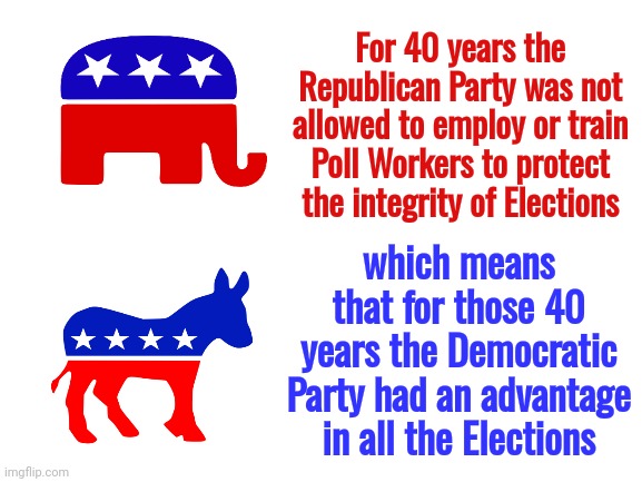 Something to think about | For 40 years the Republican Party was not allowed to employ or train Poll Workers to protect the integrity of Elections; which means that for those 40 years the Democratic Party had an advantage in all the Elections | image tagged in blank white template,voter fraud,2018,expired,election 2016 | made w/ Imgflip meme maker