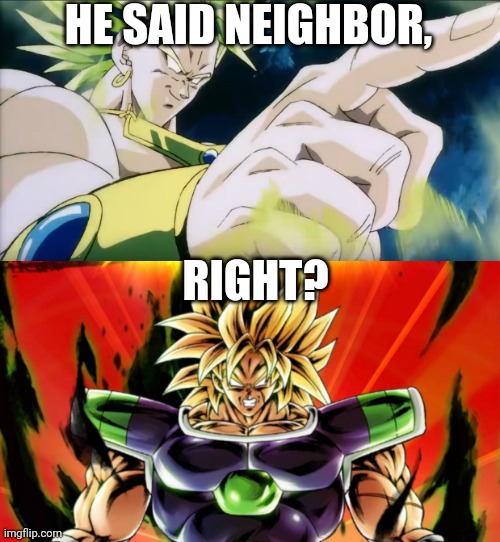 HE SAID NEIGHBOR, RIGHT? | image tagged in broly points,broly | made w/ Imgflip meme maker