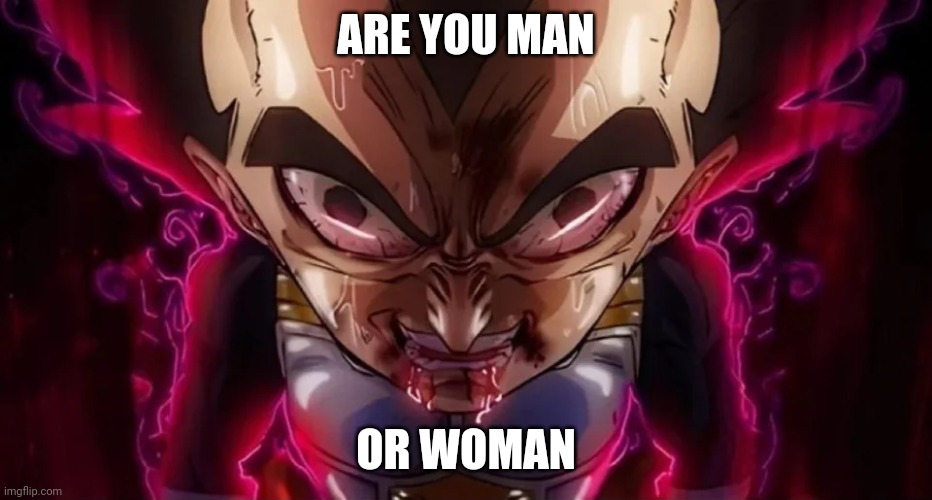 vegeta drool | ARE YOU MAN OR WOMAN | image tagged in vegeta drool | made w/ Imgflip meme maker