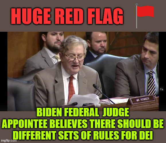 More confirmation of the 2-tier Justus System... | HUGE RED FLAG; BIDEN FEDERAL  JUDGE APPOINTEE BELIEVES THERE SHOULD BE DIFFERENT SETS OF RULES FOR DEI | image tagged in biden,judge nominee,confirm,double standard,justice system | made w/ Imgflip meme maker