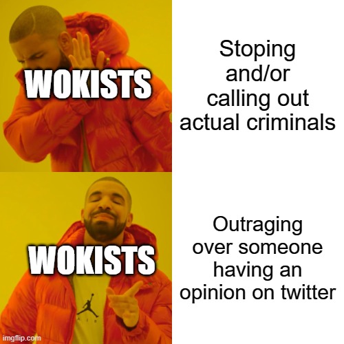 Drake Hotline Bling Meme | Stoping and/or calling out actual criminals Outraging over someone having an opinion on twitter WOKISTS WOKISTS | image tagged in memes,drake hotline bling | made w/ Imgflip meme maker