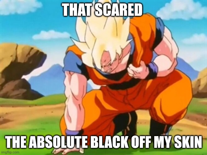 Goku's heart attack | THAT SCARED THE ABSOLUTE BLACK OFF MY SKIN | image tagged in goku's heart attack | made w/ Imgflip meme maker